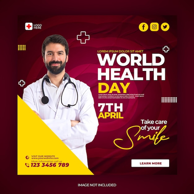 A poster for world health day shows a man with a red and yellow background.