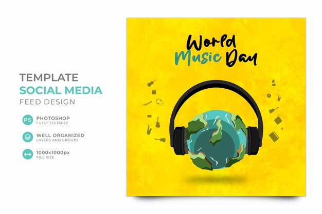 A poster for world music day with a globe and headphones.