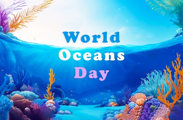 PSD a poster for world oceans day with corals and sea creatures