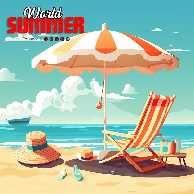 PSD a poster for world summer on the beach with a hat on it