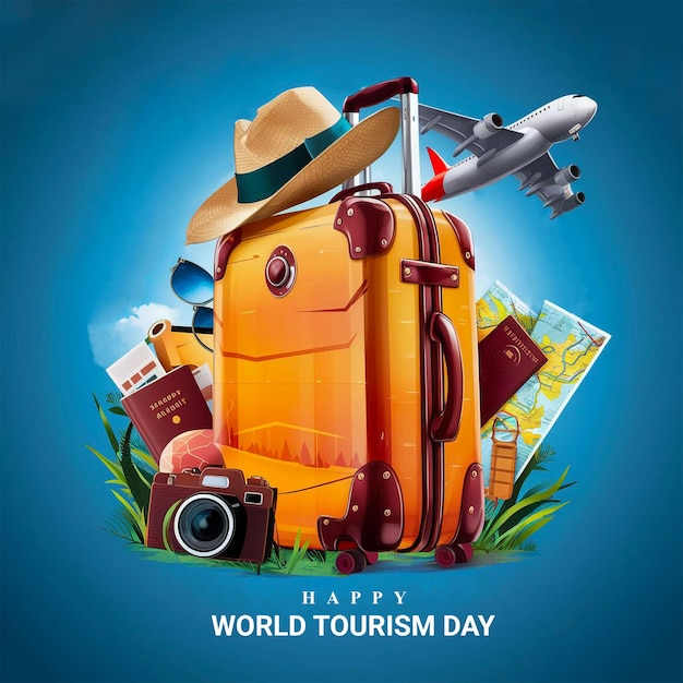 a poster for world travel with a suitcase and a hat on it