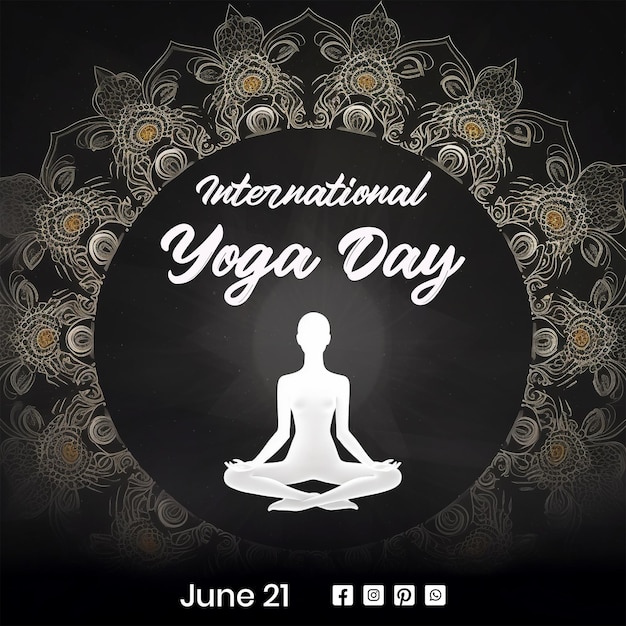 PSD a poster for a yoga day with a black background with a symbol for yoga and yoga