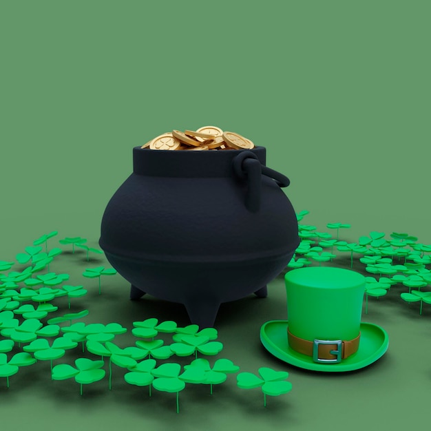 PSD a pot of gold coins is next to a shamrock.