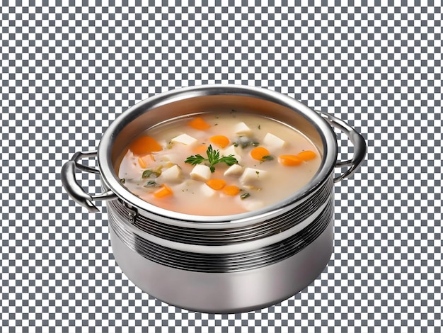 a pot of soup with carrots and celery on the side