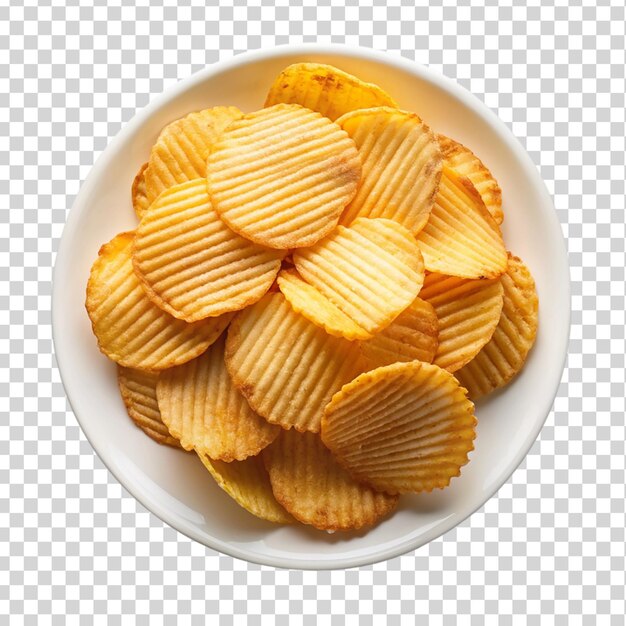 PSD potato chips on a white plate top view isolated on transparent background