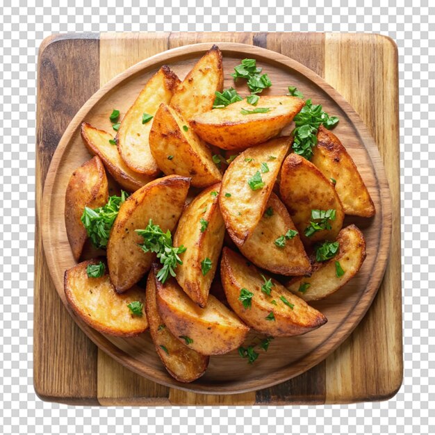 PSD potato wedges in wooden board isolated on white background