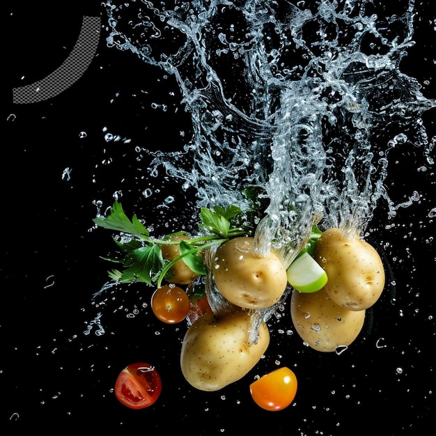 PSD potatoes and tomatoes are being sprayed with water isolated