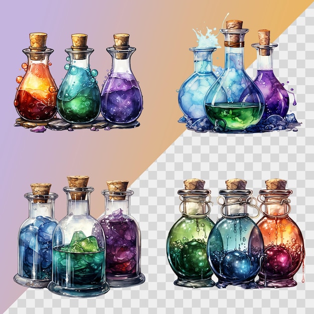 potions in different bottles realistic set isolated on transparent background