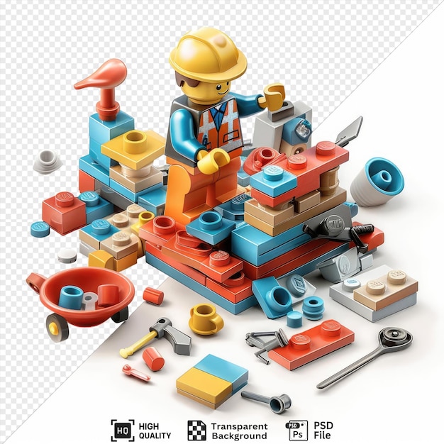 PSD potrait 3d danish cartoon lego builder constructing imaginative creations using a variety of toys including a blue toy a toy a yellow toy and a red and orange toy while wearing