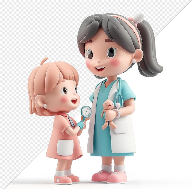 potrait 3d nurse cartoon caring for a patient with a doll and pink ear while holding a small doll and showing off their black eyes