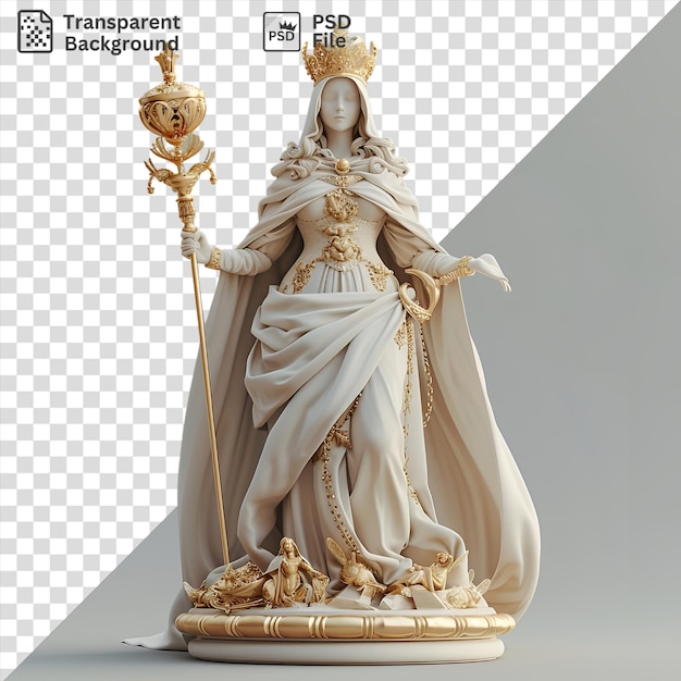 potrait 3d queen ruling her kingdom statue holding a golden sword adorned with a gold crown against a white wall with a white hand visible in the foreground