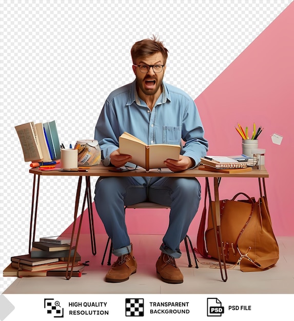 PSD potrait angry young male teacher holding book sitting desk with school tools classroom with pink wall and white floor wearing blue shirt black glasses and brown shoes with open mouth and brown