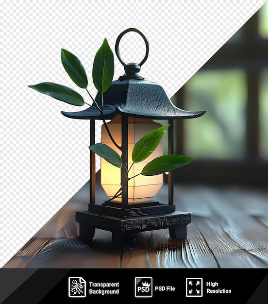 potrait a black lantern with a green leaf on it sits on a wooden table in front of a glass window png psd