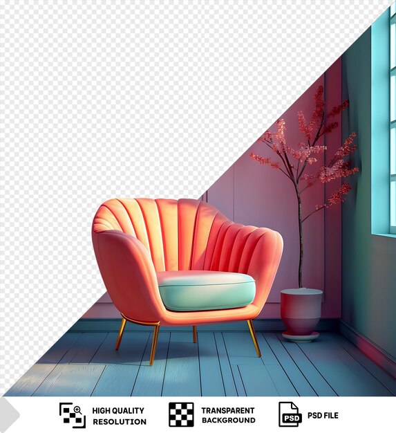 potrait blender sits on a wooden floor in front of a pink wall surrounded by a small tree and a blue and green cushion a glass window provides natural light while a metal png psd