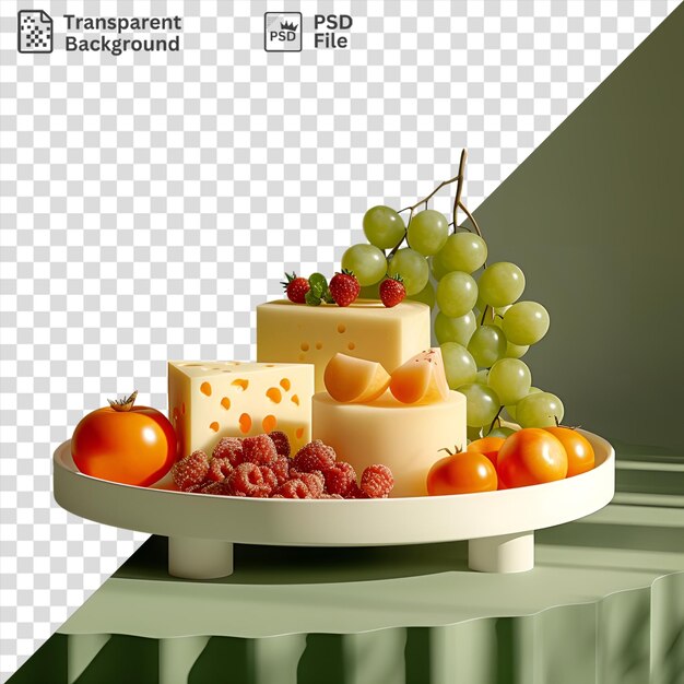 PSD potrait cheese platter with a variety of cheeses grapes and tomatoes on a transparent background against a white wall