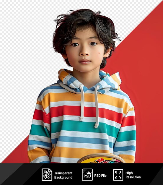 PSD potrait cute asian boy in striped shirt with a skateboard in front of a red wall featuring brown hair blue and brown eyes and a small nose png