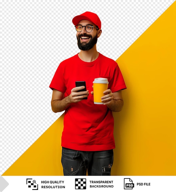 PSD potrait delivery man employee red cap blank tshirt uniform holding coffee mobile phone looking camera happy and positive with smartphone standing in front of yellow wall