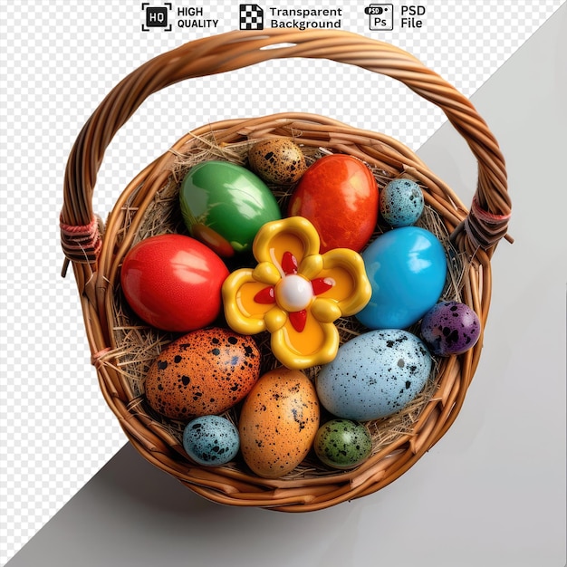 potrait eggs of different colors placed on a transparent background one flower shaped egg made of two red yellow green and blue eggs quail eggs in a basket