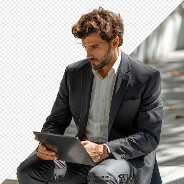 potrait elegant businessman in a suit sitting outside with a tablet in hands png psd