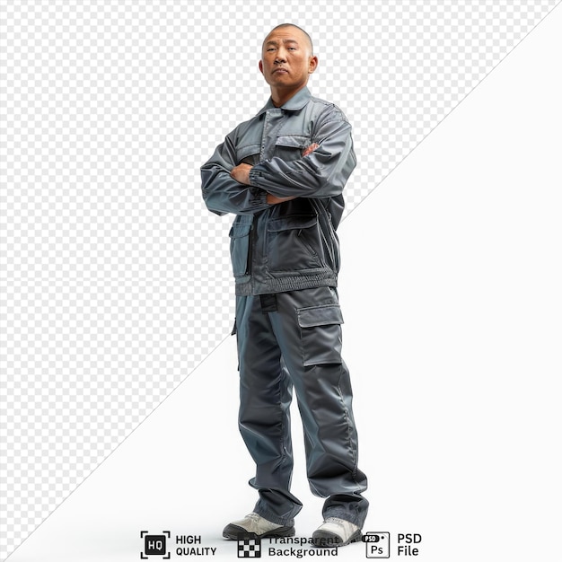 potrait a empowered adult man with short hair from the mongolic ethnicity dressed in childcare worker attire poses in a standing with one foot forward style wearing gray pants and a black and