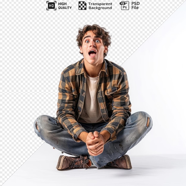 potrait excited young handsome man looking camera with open mouth wearing blue jeans and brown shoes with curly brown hair and a hand visible in the foreground