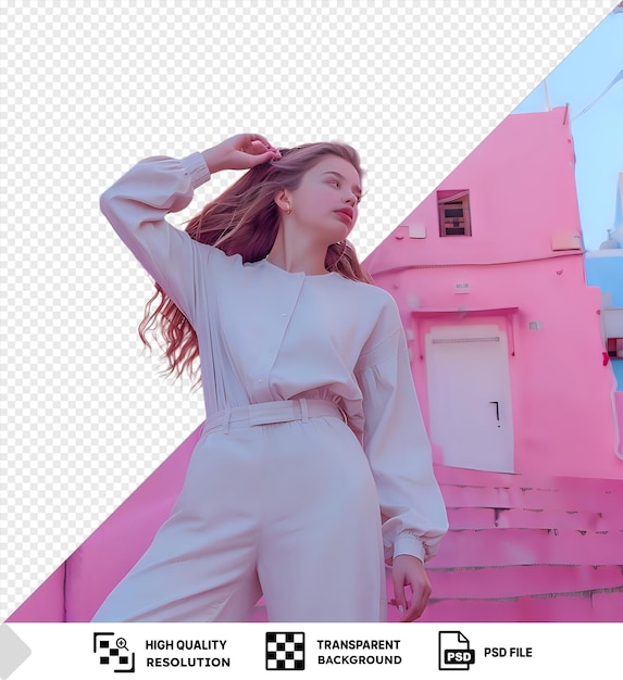 potrait girl standing on background of building touching her hair with a pink building and small window in the background under a clear blue sky she wears white pants and has long brown hair png