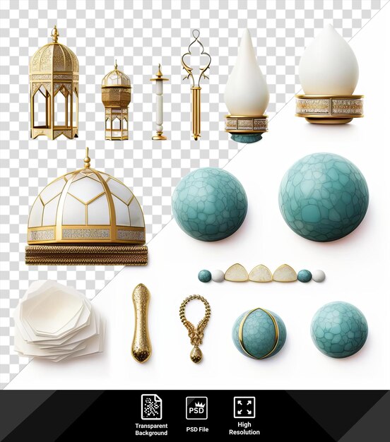 potrait islamic lunar items set a blue ball white vase and gold earring displayed on a transparent background