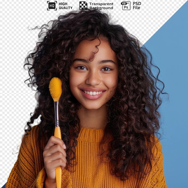 potrait joyful mood a woman with brown hair and blue and brown eyes smiles while holding a yellow toothbrush with a small hand visible in the foreground png psd