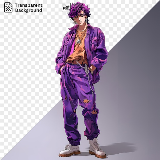 potrait kotaro tatsumi from zombie land saga cosplays in a purple outfit accessorized with a gold necklace and brown belt while sporting purple hair and a