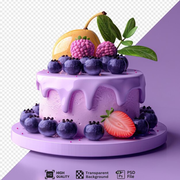 potrait kuchens cake adorned with a variety of fruits including blueberries raspberries and strawberries sits on a white and purple base against a purple wall png psd