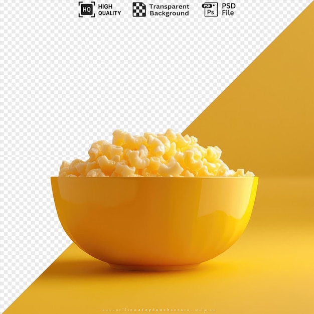 potrait lebanon bologna popcorn in a yellow bowl sits on a yellow table against a yellow wall casting a dark shadow png