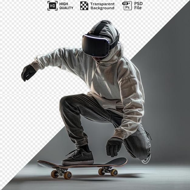 potrait male gamer in vr glasses skateboarding outdoors on a black skateboard with yellow and white wheels wearing black pants and a black glove against a gray wall png