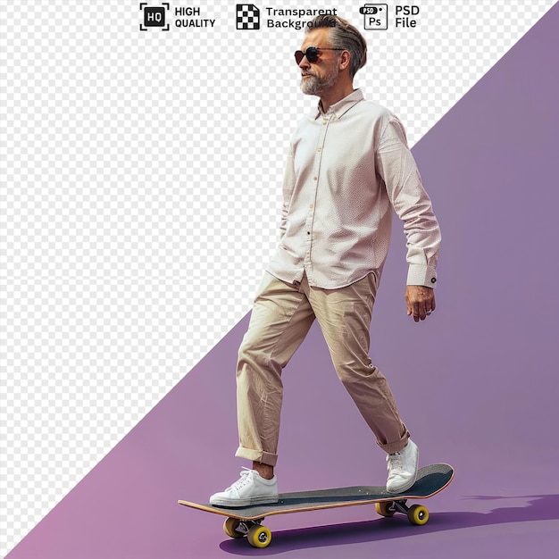 potrait mature male skateboarder in sunglasses skateboarding outside on a black skateboard with yellow wheels wearing khaki and tan pants and a white shoe against a purple wall