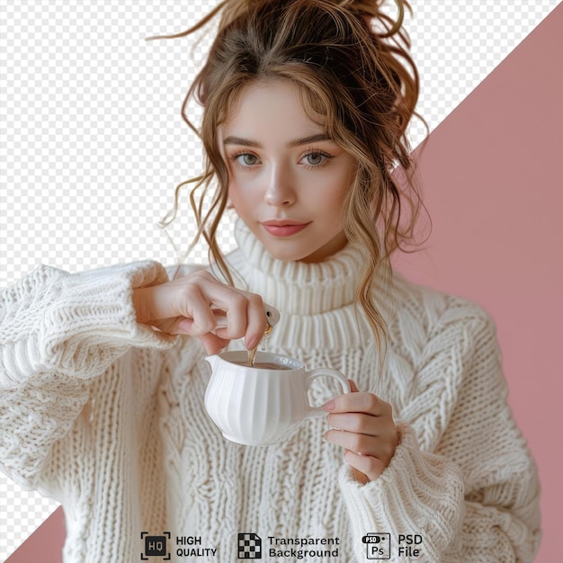 PSD potrait morning tea a girl in a white sweater pouring morning tea to the cup with a pink wall in the background her brown hair and blue and brown eyes are visible as well png