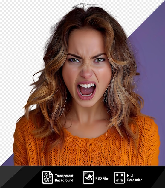 potrait portrait of an angry young casual woman with long blond hair blue and brown eyes and a smiling face wearing an orange sweater png