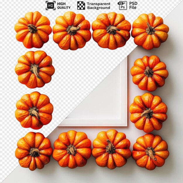 PSD potrait pumpkin patch halloween photo frame isolated on transparent background surrounded by a variety of orange pumpkins