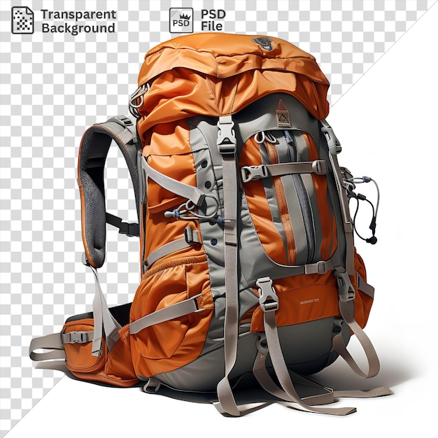 potrait realistic photographic hikers backpack with black and gray strap and gray strap featuring an orange backpack