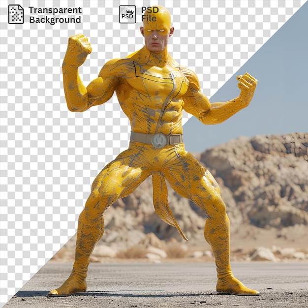 potrait saitama from one punch man cosplays as a statue wearing a black belt and yellow pants with a red glove on his left hand and a yellow leg visible