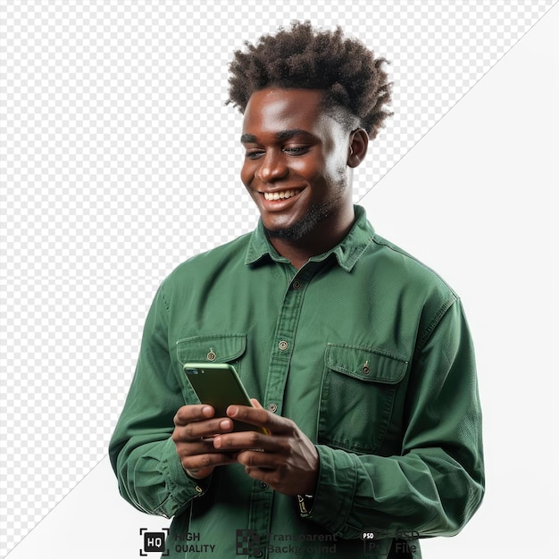 potrait smiling young african american male hwearing green shirt holding and looking phone isoloated isolated background