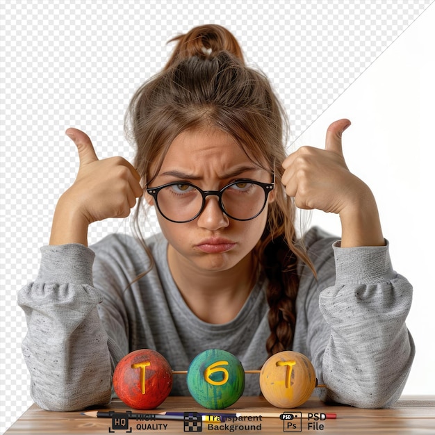 potrait unpleased showing thumbs down young female teacher wearing glasses holding number fun sitting desk with school tools classroom setting