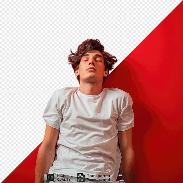 potrait young darkhaired man looking exhausted after a run in front of a red wall wearing a white shirt and gray pants with brown hair and a nose visible png