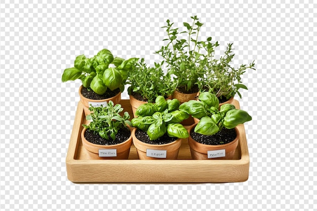 Potted herb plants in terracotta pots on a tray isolated on a transparent background