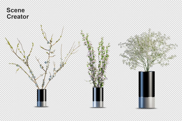 Potted plants flowers in 3d rendering isolated