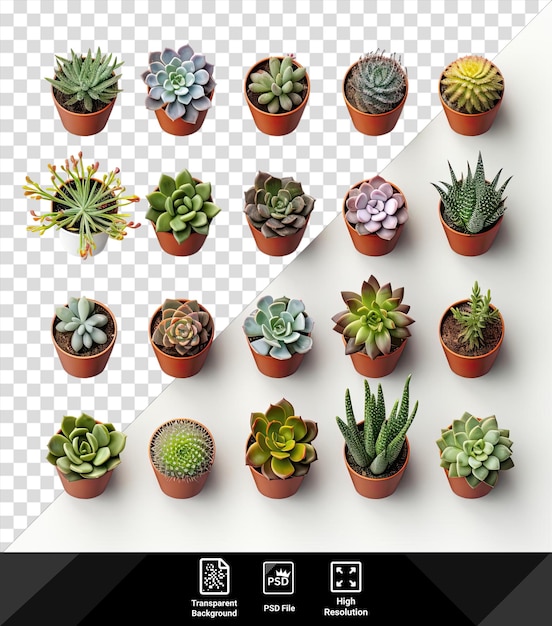 potted s in various colors and sizes are displayed on a transparent background accompanied by a variety of plants including a green cactus a green flower and a brown and