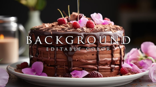 Pouring chocolate batter onto delicious fresh cake on marble table