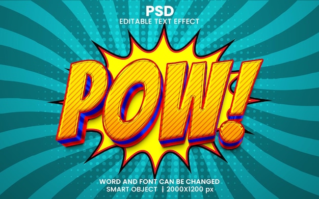 Pow comic style 3d editable text effect Premium Psd with background