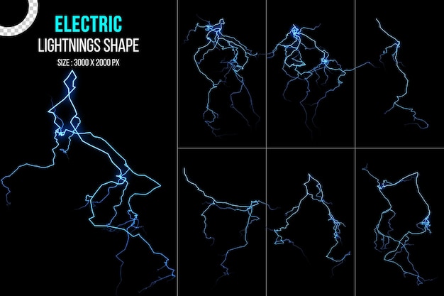 Power electrical energy lightning spark and blue thunderstorm lightning set