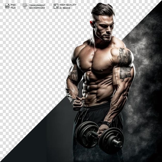 Powerful stylish bodybuilder with tattoo on his arm doing the exercises with dumbbells isolated on