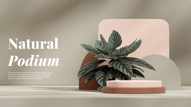 Praying plant and green wall 3D render empty scene of cream and brown podium in landscape