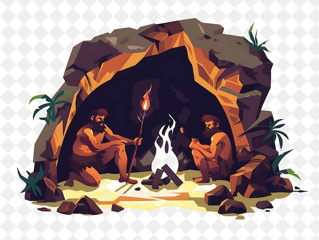 PSD prehistoric cave with caveman characters having a fire makin people life style flat illustration